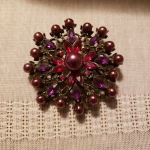 Vintage H.D. Merritt Plum Purple Pearls, Red & Purple Rhinestones Brooch